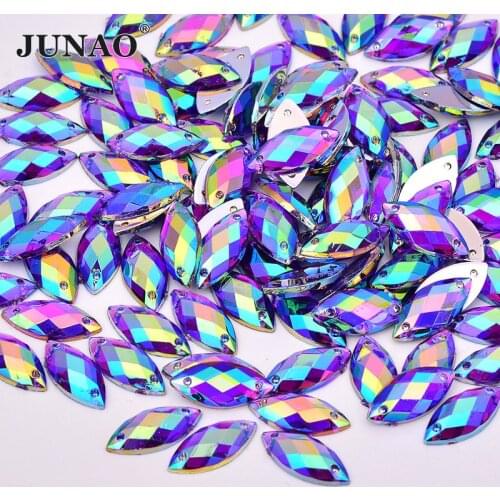 JUNAO 2000pcs 7*15mm Purple AB Horse Eye Shape Sew On Crystal Rhinestones Flatback Acrylic Strass Sewing Stones for Needlework