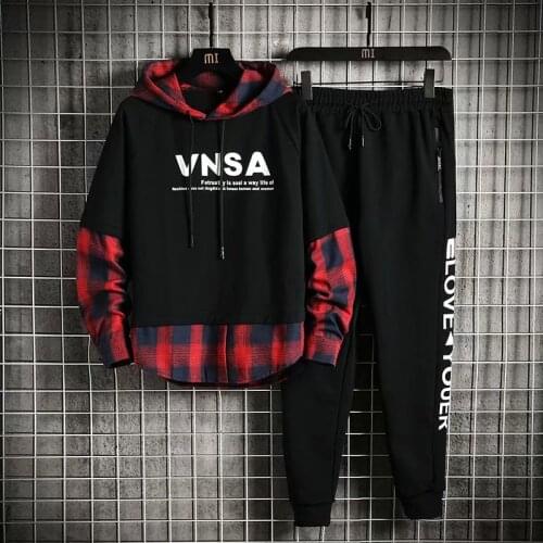 Fashion Mens Sets Korean Style Autumn Winter Elastic Waist Trouser+Splicing Pullover Sweatshirt Set Men Casual Men Clothing Set