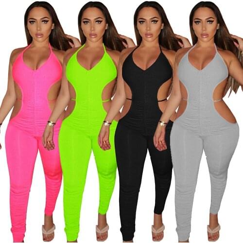 Casual Active Solid Body Rompers Womens Jumpsuit Summer Sexy V Neck Backless Stacked Pants Bodycon Jumpsuit Overalls for Women