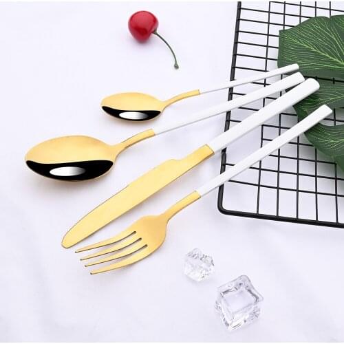 Western 4Pcs White Gold Dinnerware Set Stainless Steel Knife Fork Spoon Cutlery Set Kitchen Tableware Flatware Set Dropshipping