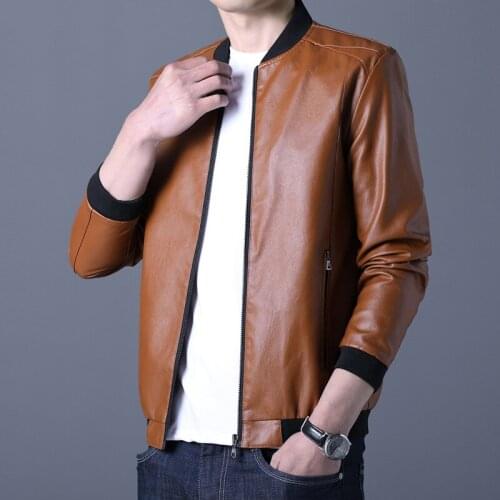 Autumn Stand Collar Solid Leather Jacket Mens Fashion Leather Jacket Leather Jacket for Men