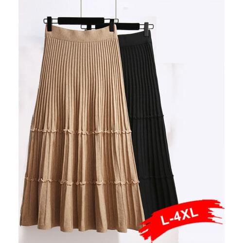 Ruched Plus Frill Size Pleated Knitting Sweater Skirts 4XL 5XL Big Swing Warm Ruffles A-line Mid Long Ankle Length Knitted Skirt