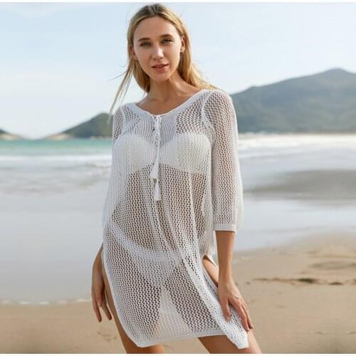 Beach Tunic 2021 Womens Summer Swimsuit Cover Up Kaftan Dress Bohemian Pareo Crochet Top Beachwear