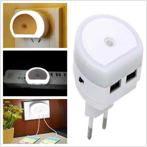 US/EU Plug Light Sensor LED Night Light Dusk to Dawn Sensor Lamp with Dual USB Charging Port For Kids Adults Bedroom Living Room