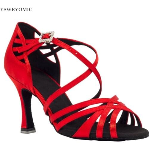 Red Satin Dance Sandals Super Soft Insole 2021 YSWEYOMIC 3inch High Heel Customized Party Latin Salsa Dancing Shoes