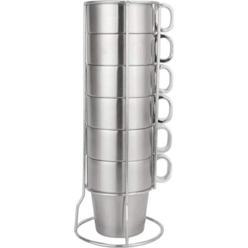 Stainless Steel Water Cup, Double Layer Coffee Cup, Practical Anti-Scald Stackable Water Cup Set with Cup Holder Stand