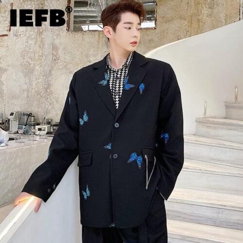 IEFB Light Luxury Mens Butterfly Embroidered Suit Coat Autumn 2021 New Korean Trend Black Single Breasted Blazer Chain Pocket