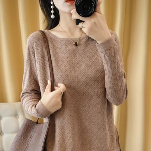 Spring and Autumn New Womens Sweater O-neck Hollow 100% Cotton Hemp Pullover Wild Pure Color Casual Fashion Long Sleeve