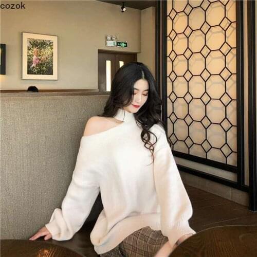 Turtleneck Womens Knitted Sweater Fashion Ladies Clothes Sexy Shoulder Leakage Irregular Solid Thick Oversized Sweater New