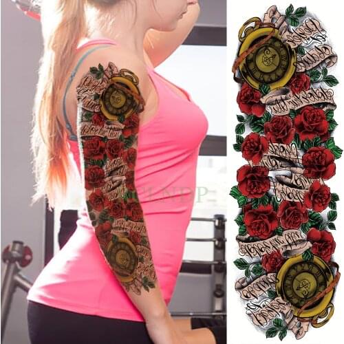 Waterproof Temporary Tattoo Sticker rose blossom clock letter leaf flower full arm fake tatto flash tatoo for men women girl