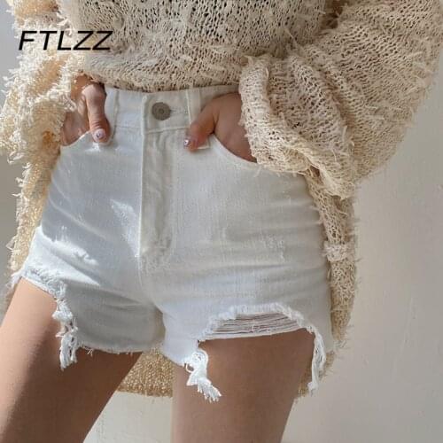 High Waist White Denim Shorts Women Summer Fashion Korean Streetwear Hole Jeans Short Pants