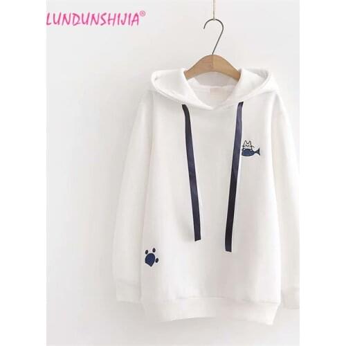 LUNDUNSHIJIA White 100% Cotton Cute Cat Fish Embroidery Women Hoodies Pullovers 2019 Autumn Plus Velvet Loose Female Sweatshirt
