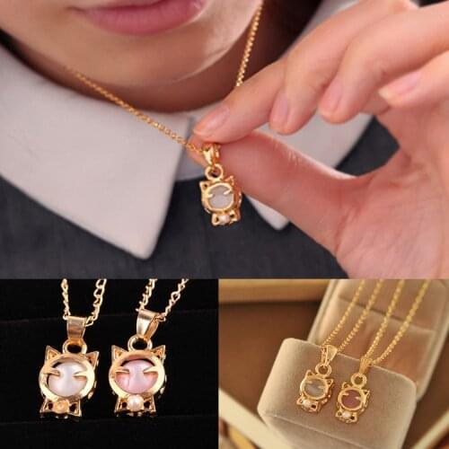 Charming Jewelry Lucky Cat Shaped Pendent Necklace 2 Colors White Pink Opal Jewelry Gifts For Women