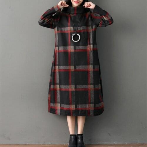 2021 New Turtleneck Thicken Warm Autumn Winter Dress Woolen Vintage Office Lady Work Dress Plaid Fashion Women Spring Midi Dress