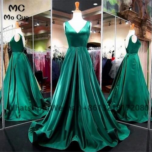Green 2021 Simple Evening Prom Dresses with Pockets V-Neck Sleeveless Satin Womens Evening Dress Prom Dress Customized