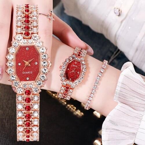 2pcs Set Women Watches Luxury Ladies Quartz Diamond Wrist Watches Elegant Rose Gold Rhinestone Bracelet Watches relogio feminino