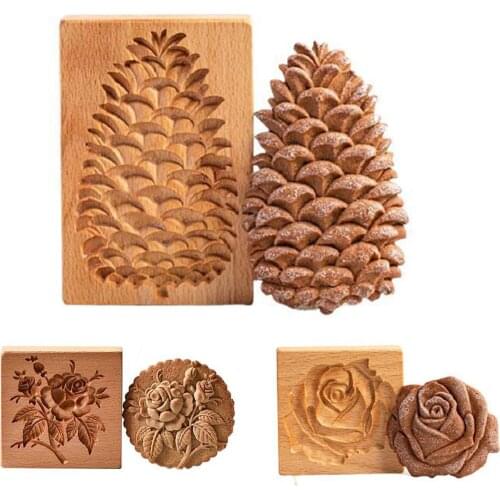 3D Funny Wooden Cookie Stamp Molds for Baking Pine Cones Rose Cutter for Cookie Embossing Craft Decorating Baking DIY Tool