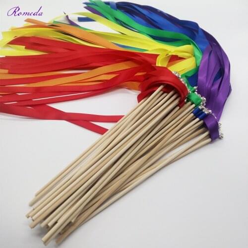 50pcs/lot Rainbow Wedding Ribbon Wands With Sliver Bell For Wedding Decoration