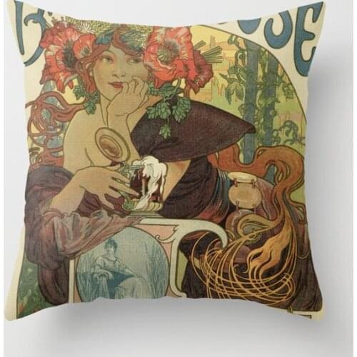 Alfons Mucha Art Nouveau Beer Ad Cushion Cover Decorative Pillow Cover Case Seat Car Home Decor Throw Pillowcase Decoration