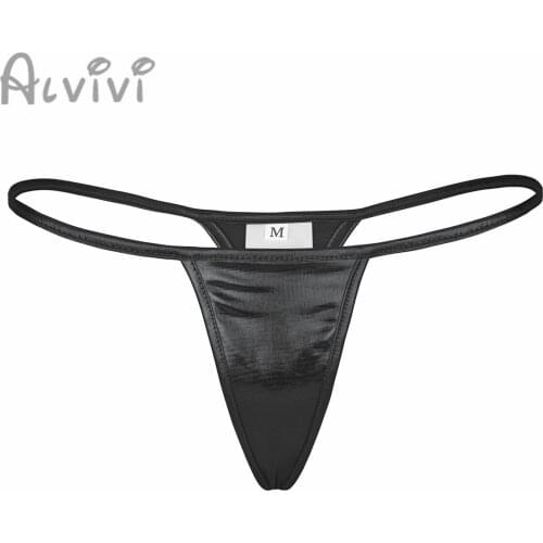 Alvivi Womens Faux Leather Underwear Shiny Metal Bikini Thong Low Waist Elastic G-string Brief Soft Skin for Swimming Clubwear