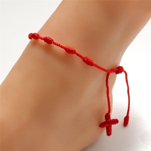 Fashion Handmade Knotted Cross Rosary Bracelets Red Black Lucky Cord Braid Rope Nylon String Cross Bracelets Wristband Jewelry