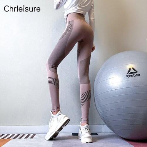 CHRLEISURE Women Seamless Leggings Stripe Printed Solid Sports Fitness Pants Quick-drying Gymwear Elasticity Hip Lifing Legging