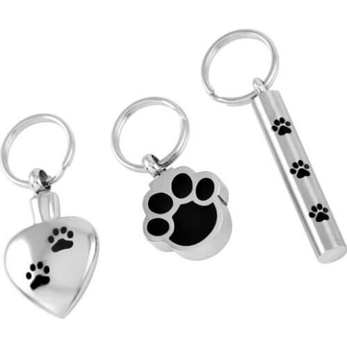 IJD8309 Hot 3pcs/set Pet Memorial Urn Jewelry Paw Print Heart /Cylinder Stainless Steel Keepsake Cremation Keychains For Ashes