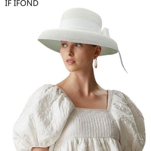 Summer Sun Hats Ladies Vintage Wide Brim Plain Elegant Straw Hat Female Round Top Panama Floppy Beach Hat 2021 NEW