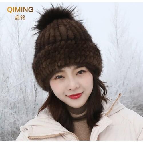 Hot Sale Russia Beanies Winter Real Fur Hat Natural Warm Mink Fur Cap Lady Knitted Genuine Mink Fur Hats Women Beanie Pompon