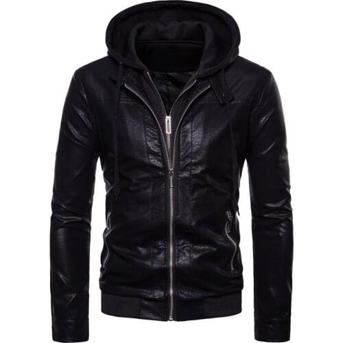 Foreign trade new mens fake two-piece hooded self-cultivation motorcycle leather jacket men leather jackets jackets and coats