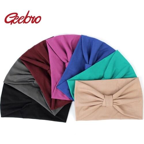 Geebro Fashion Solid Women Headband Summer Hairband For Girls Female Wide Turban Knotted Elastic Cotton Hair Accessories DQ711