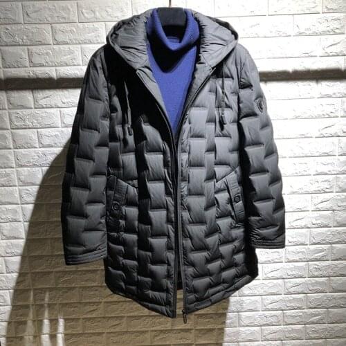 New Fashion Plaid Men Winter Down Jackets Black Hooded Business Mens Coats 80% Grey Duck Down Outdoor Windproof men Long Parkas