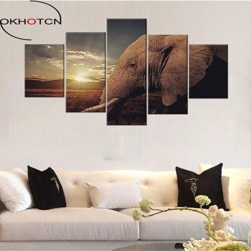 OKHOTCN Elephant Sunrise Pictures 5 Pieces Oil Painting Canvas HD Printed Animal Scenery Posters for Living Room Decor Artworks