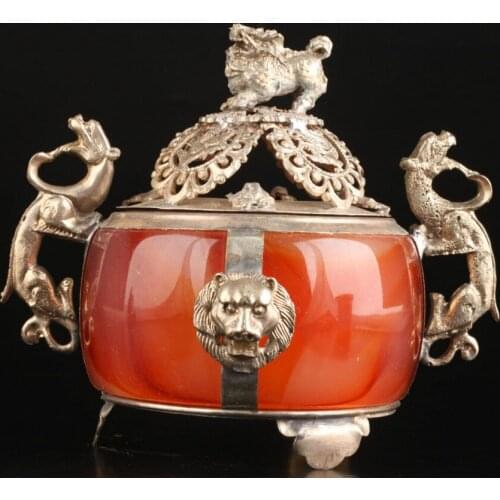 Marked SUPERB VINTAGE COLLECTABLE OLD TIBET COPPER AGATE LION DRAGON INCENSE BURNER wholesale factory Bronze Arts outlets