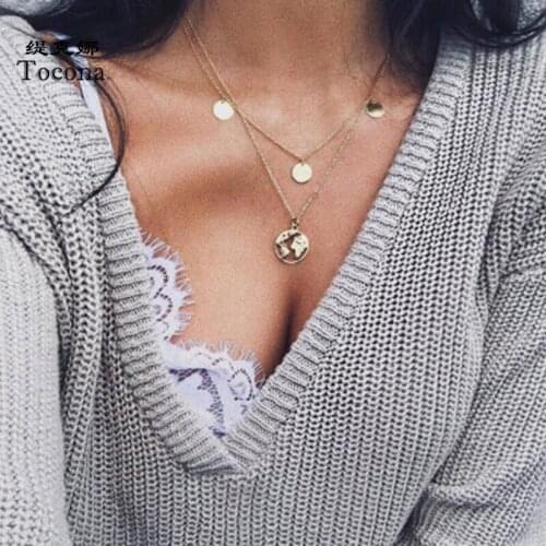 Tocona Bohemian Hollow Map Pendant Necklace for Women Charming Wafer Chain Chocker Party Jewelry Gift Drop Shipping N006