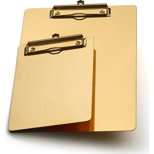 A4 Clipboard Gold Stainless Steel Metal Legal Pad Menu Writing Pad Office Organiser With Hanging Hole