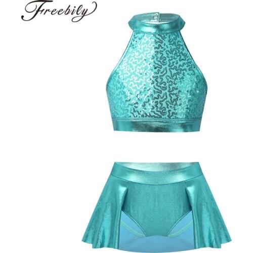 Kids Girls Sequins Ballet Dance Wear Sleeveless Gymnastics Clothes Crop Top With Skirt Set Contemporary Lyrical Dance Costumes