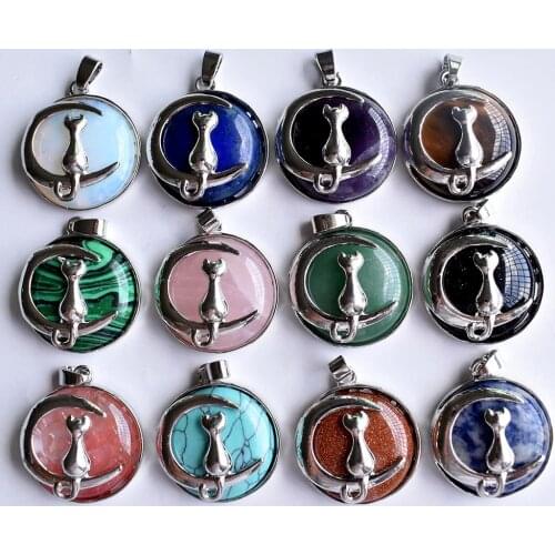 Fashion alloy Cat Moon Pendant for Necklace with Natural Stone Cute Kitten Lucky Jewelry Fit Women Gift Wholesale12pcs