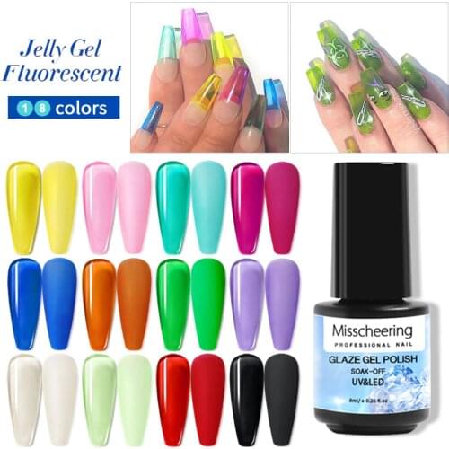 8ml Jelly Ice Transparent Nail Polish Gel Soak Off Varnish 18 Candy Color Barbi UV Gel Nail Polish Glaze Glue for Manicure Tips