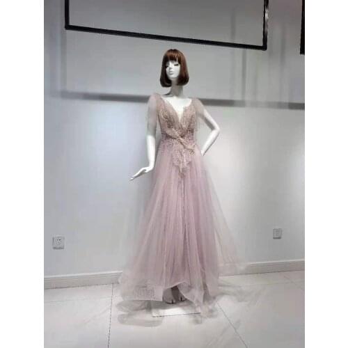 Pink Long Luxury Evening dresses Partydresses A-line Gauze For Girls Gowns With Diamond Handmade