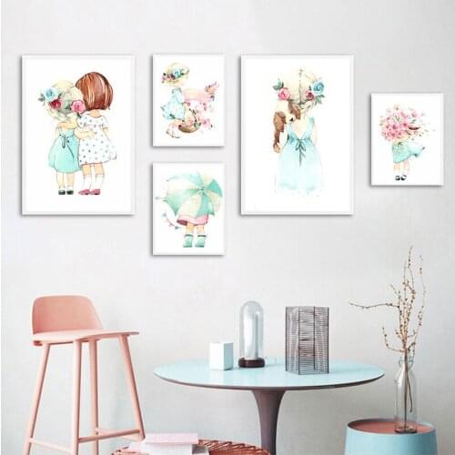 Cute Baby Girl Rose Flower Umbrella Nordic Posters And Prints Wall Art Canvas Painting Nursery Wall Pictures For Kids Room Decor