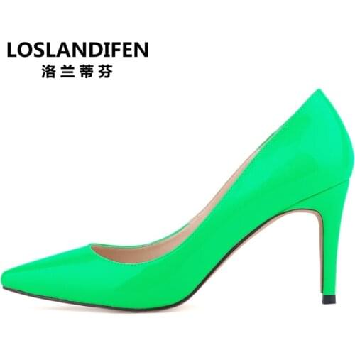 Fashion tip 8 cm fine high-heeled patent leather shoes shallow mouth Solid color big size female wedding shoes EUR 35-42