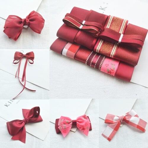 High Quality Burgundy Handmade Hair Bowknot Ribbon Set Flower Gift Packaging DIY Hair Accessories Hairpin Ribbons (14 Pieces)