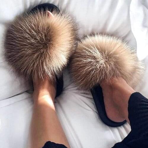 2019 Newest Real Fox Fur Slippers Slides Indoor Outdoor Flip Flops Womens Fur Sandals Flat Shoes Wholesale