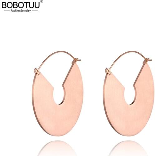 BOBOTUU Hiphop/Rock Titanium Stainless Steel Geometry Hoop Earrings Jewelry Rose Gold Party Earrings For Women Girls BE19246