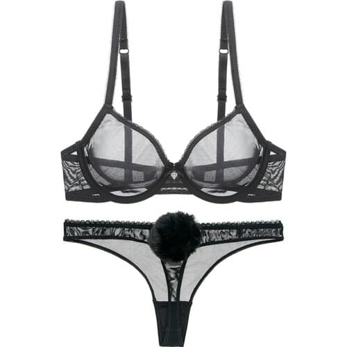 Womens burgundy transparent lace ultra thin elastic mesh bra sexy erotic satin big bunny tail rabbit taithong 2pieces/set CYHWR