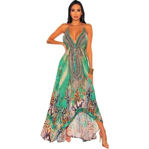 Summer European and American Womens Retro 2022 New Womens V-neck Sexy Backless Skirt Big Swing Vintage Printed Suspender Dress