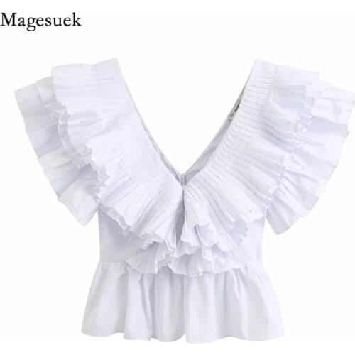 Ruffles V Neck Smock Blouse Women Pleated Casual White Tops Summer Ladies Chic Butterfly Sleeve Poplin Femininas Shirt 15594