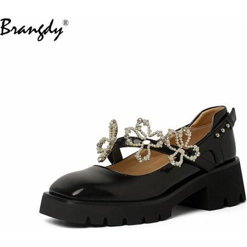 Brangdy Fashion Women Shoes Genuine Leather Lolita Square Heel Women Marry Jane Shoes Metal Decoration Square Toe Ladies Shoes