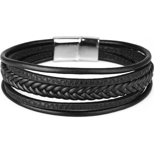 Unisex Magnetic buckle Multi-layer Woven Leather Combination Mens Leather Bracelet Black Brown Male Jewelry Gift
